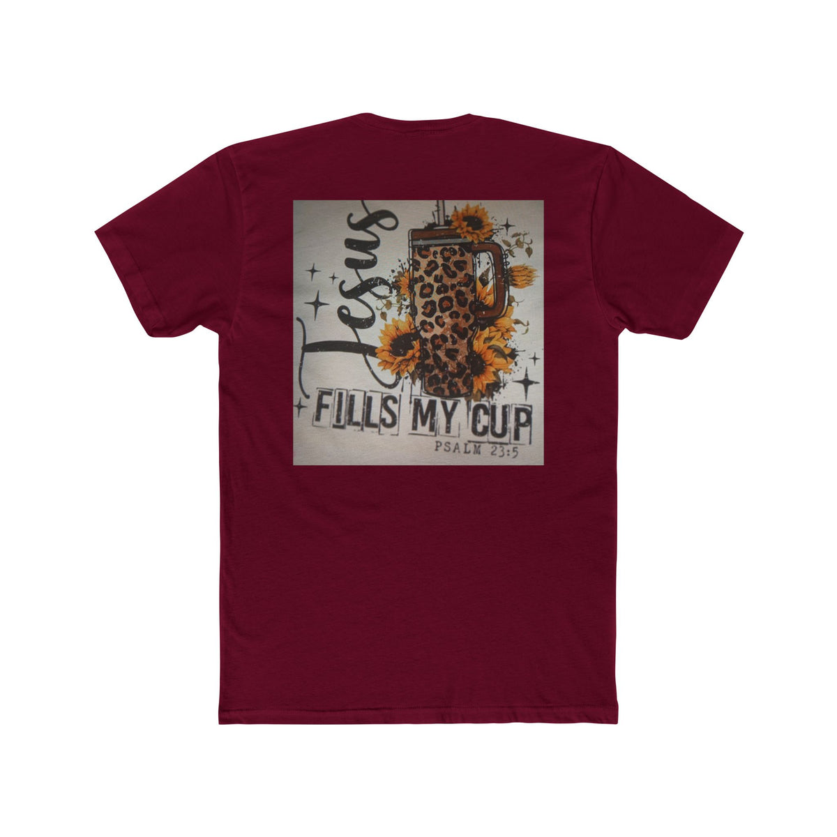 Christian Leopard Mug Graphic Tee — "Jesus Fills My Cup" Sunflower T-Shirt