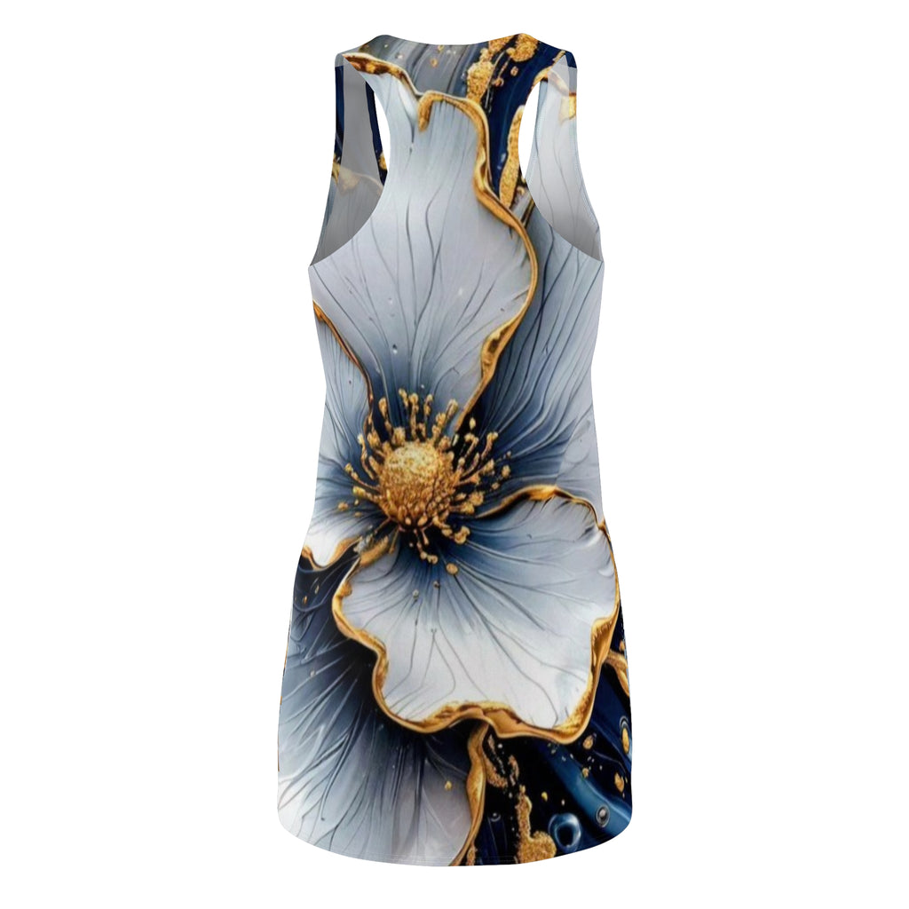 Floral Gold-Trim Racerback Dress – Elegant Blue & White Blossom AOP