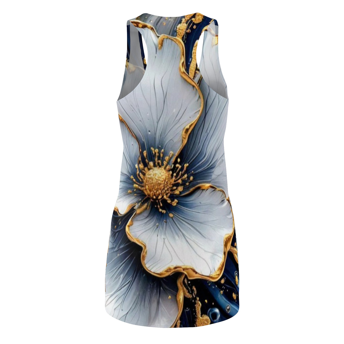 Floral Gold-Trim Racerback Dress – Elegant Blue & White Blossom AOP