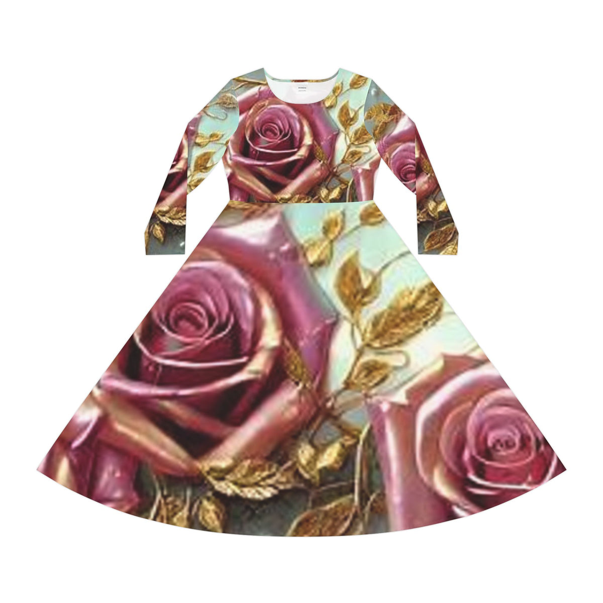 Floral Rose Long Sleeve Dance Dress — Gold Leaf Romantic AOP
