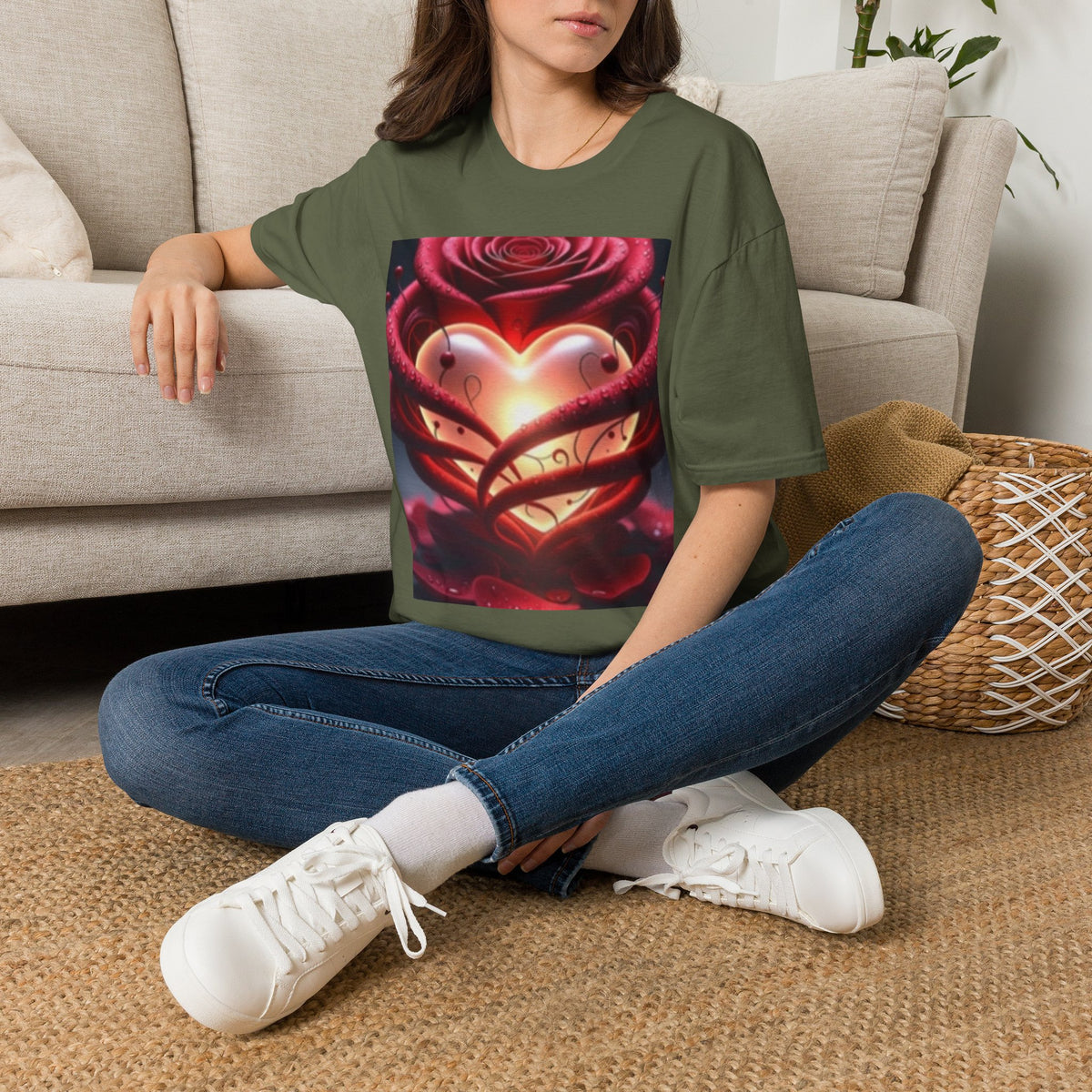 Heart Rose T-Shirt — Glowing Heart & Rose Graphic Tee
