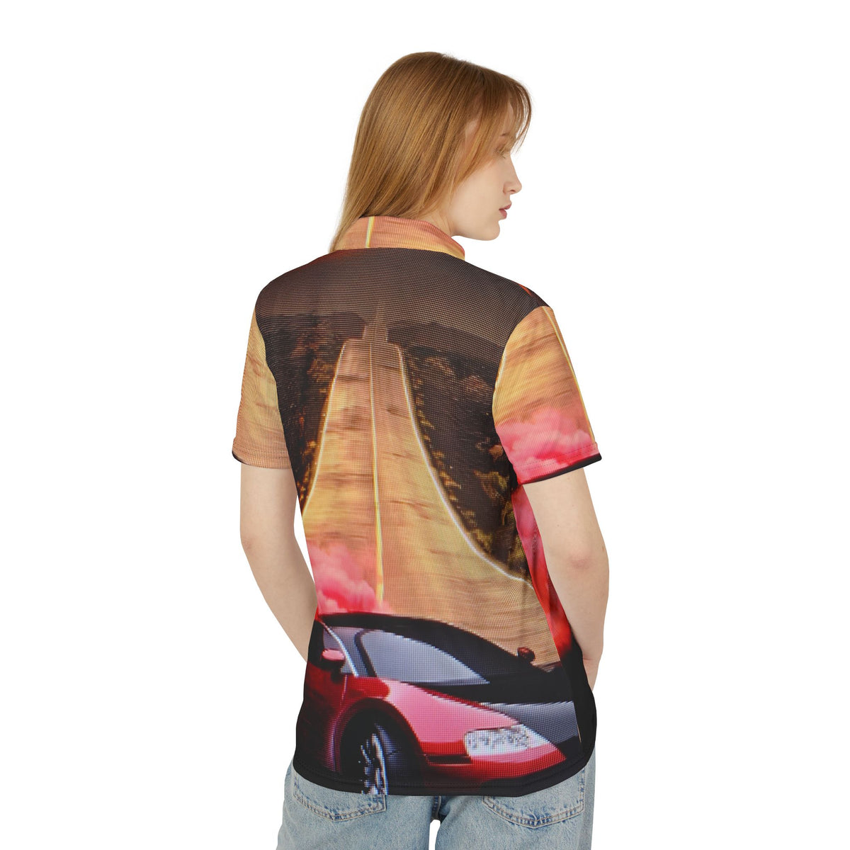 Roadtrip Sports Polo — Red Supercar Scenic All-Over-Print Polo Shirt