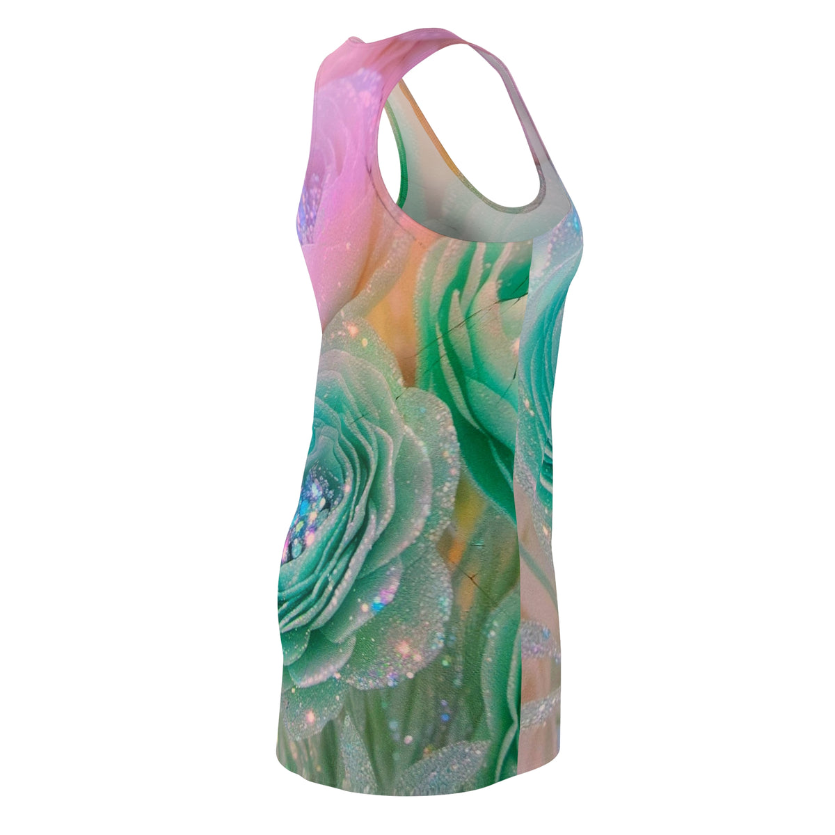 Racerback Dress - Pastel Teal Rose All-Over Print, Sparkle Floral Aesthetic