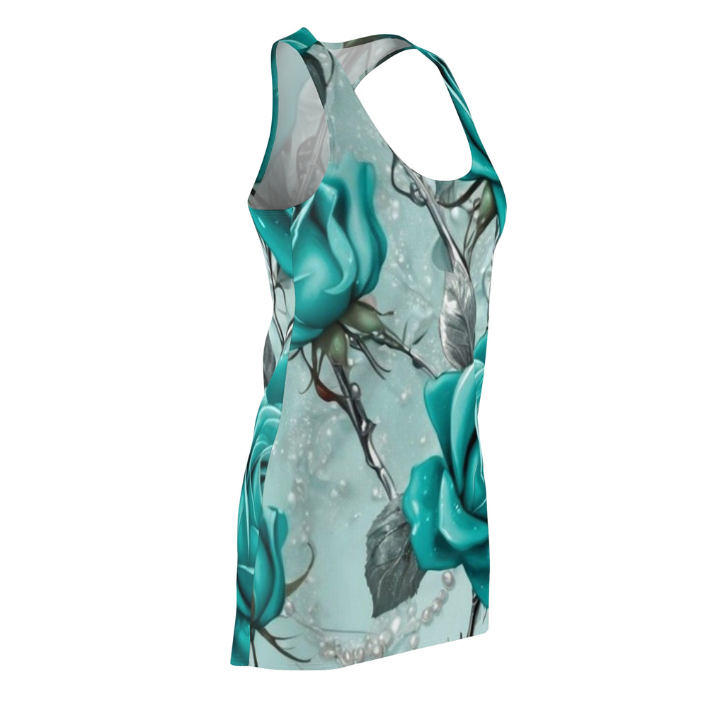 Teal Rose Racerback Dress – All-Over Print Floral Sundress