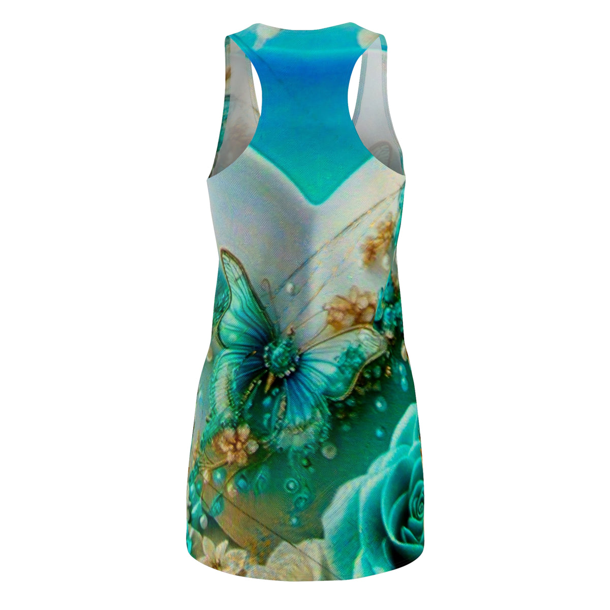 Butterfly Rose Racerback Dress — Teal Floral All-Over Print