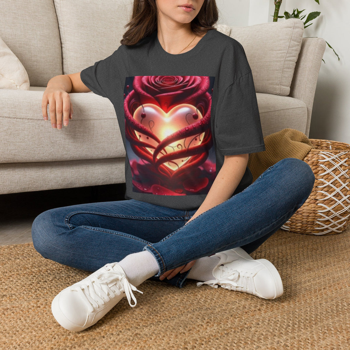 Heart Rose T-Shirt — Glowing Heart & Rose Graphic Tee