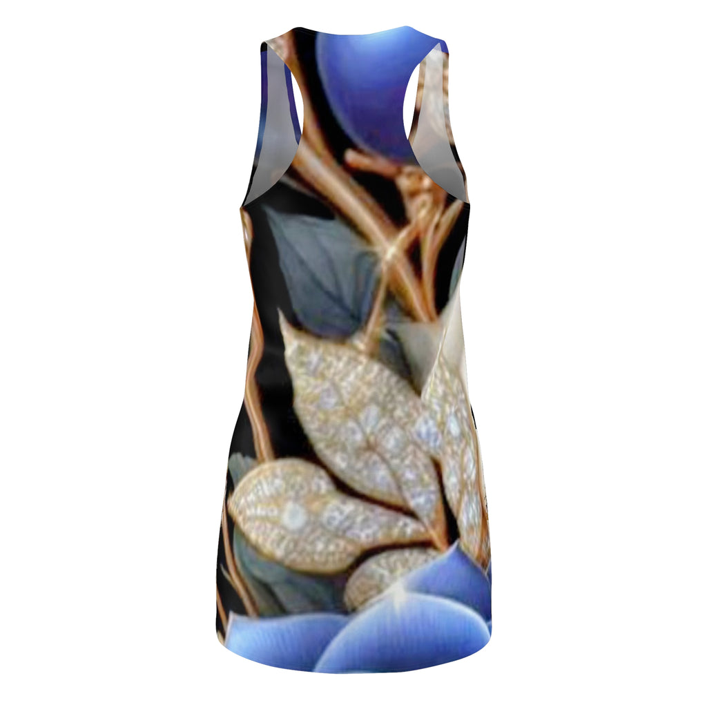 Racerback Dress — Elegant Blue Floral & Gold Leaf All-Over Print