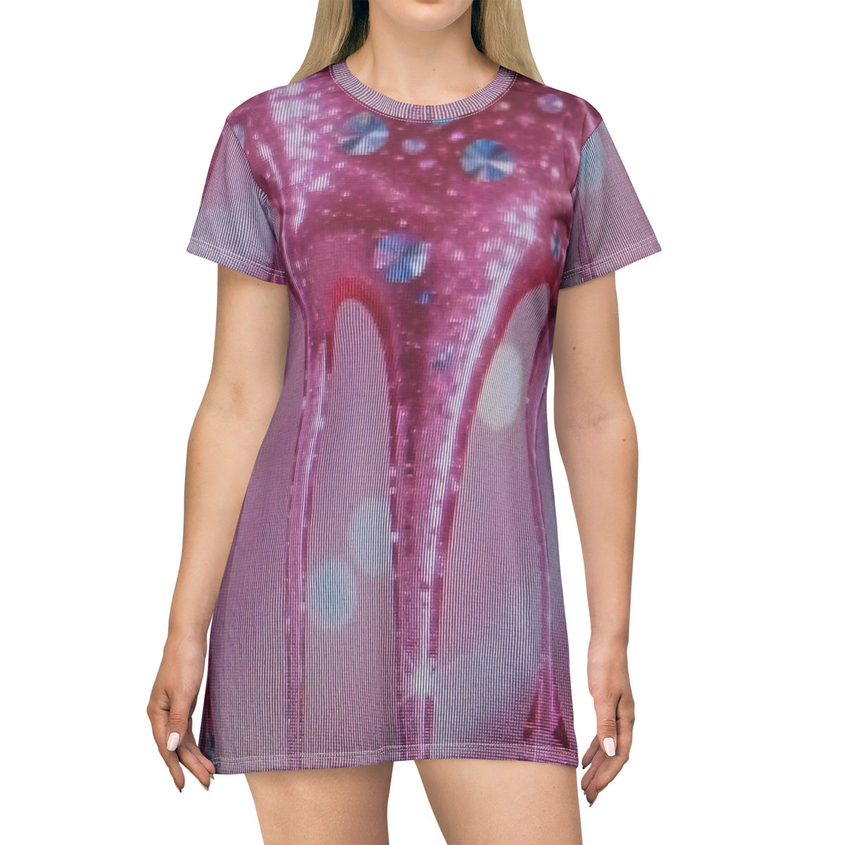 Pink Drip All-Over Print T-Shirt Dress — Sparkle Glam Summer Dress