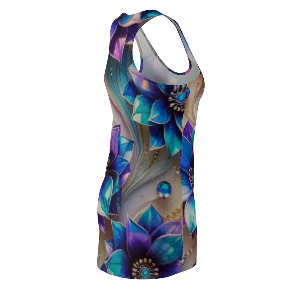 Blue Purple Floral Racerback Dress — All-Over Print Lotus Design