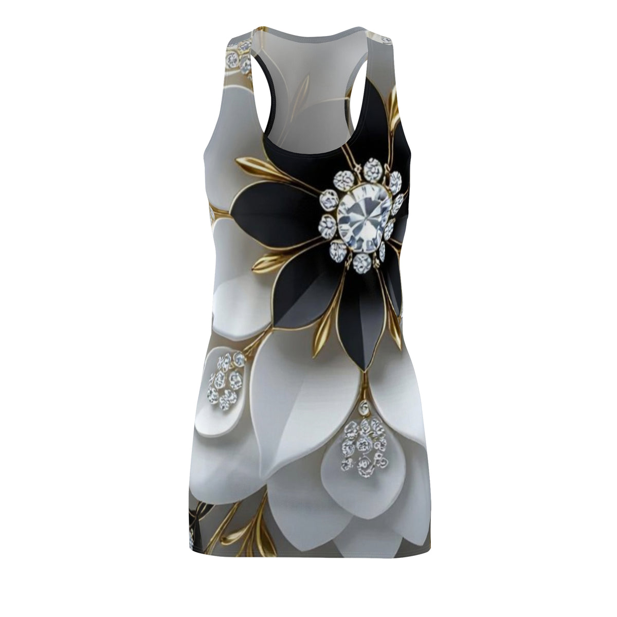 Floral Jewel Racerback Dress — Black, White & Gold Luxe Print