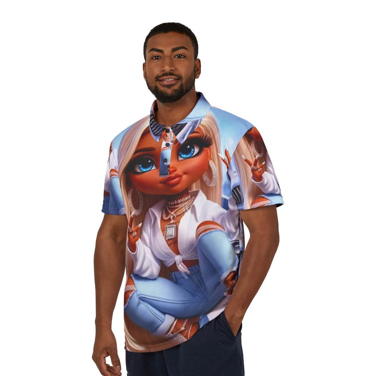 All-Over Print Polo Shirt — Street-Style Doll Graphic