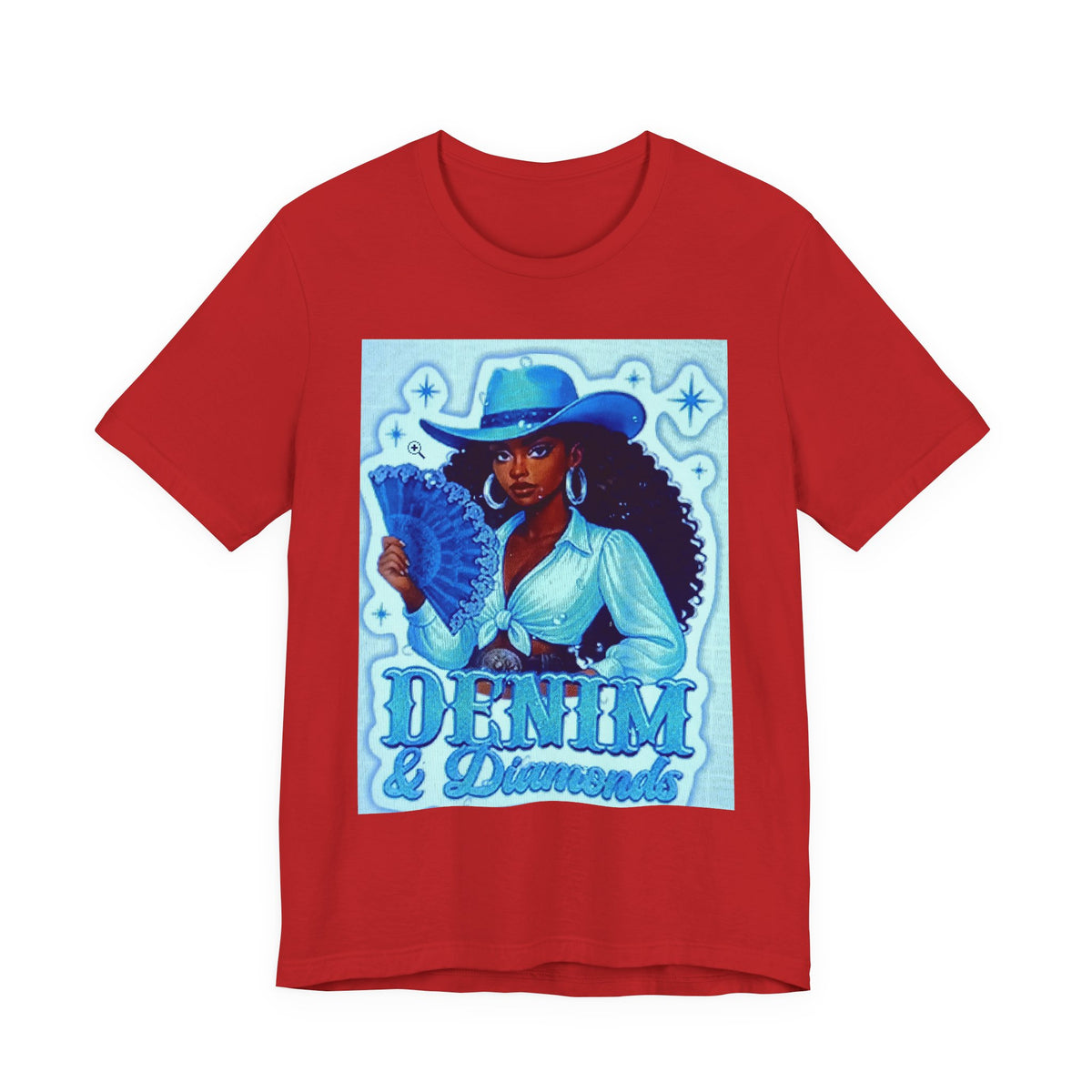Denim & Diamonds Graphic T‑Shirt — Retro Blue Cowgirl Design