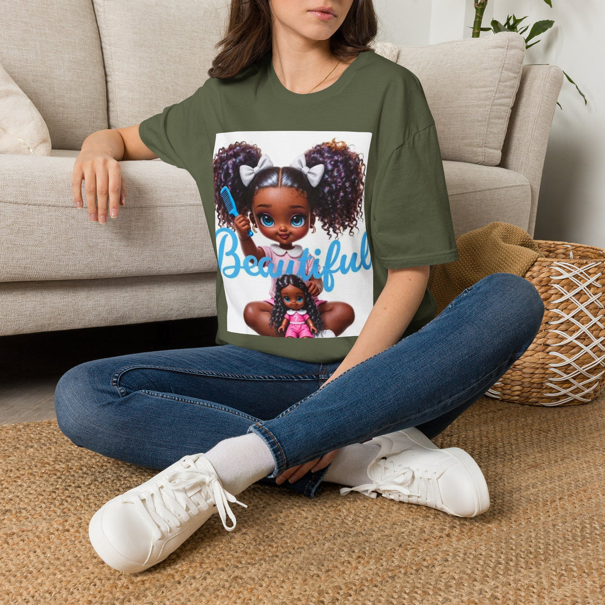 T-Shirt — "Beautiful" Cute Curly-Haired Doll Illustration Tee