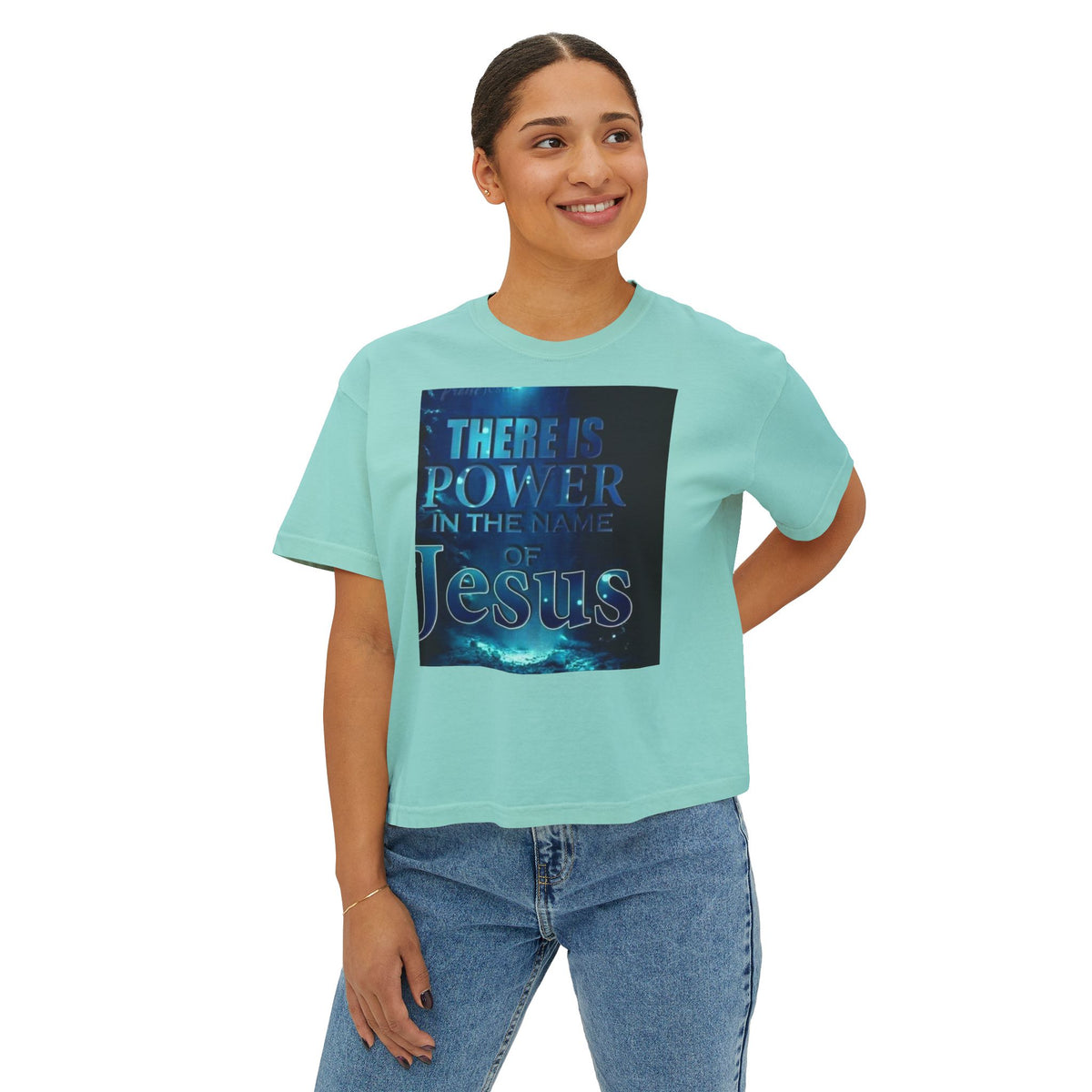 Christian Boxy Tee — "There Is Power in the Name of Jesus" Inspirational Women's Shirt