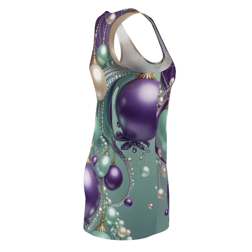 Ornament Cascade Racerback Dress — Teal, Purple & Pearl Holiday Print