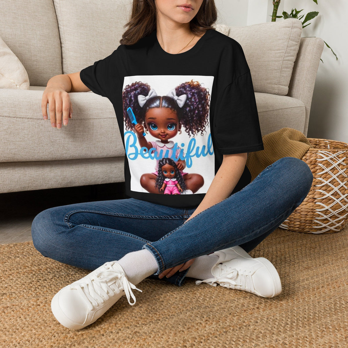 T-Shirt — "Beautiful" Cute Curly-Haired Doll Illustration Tee
