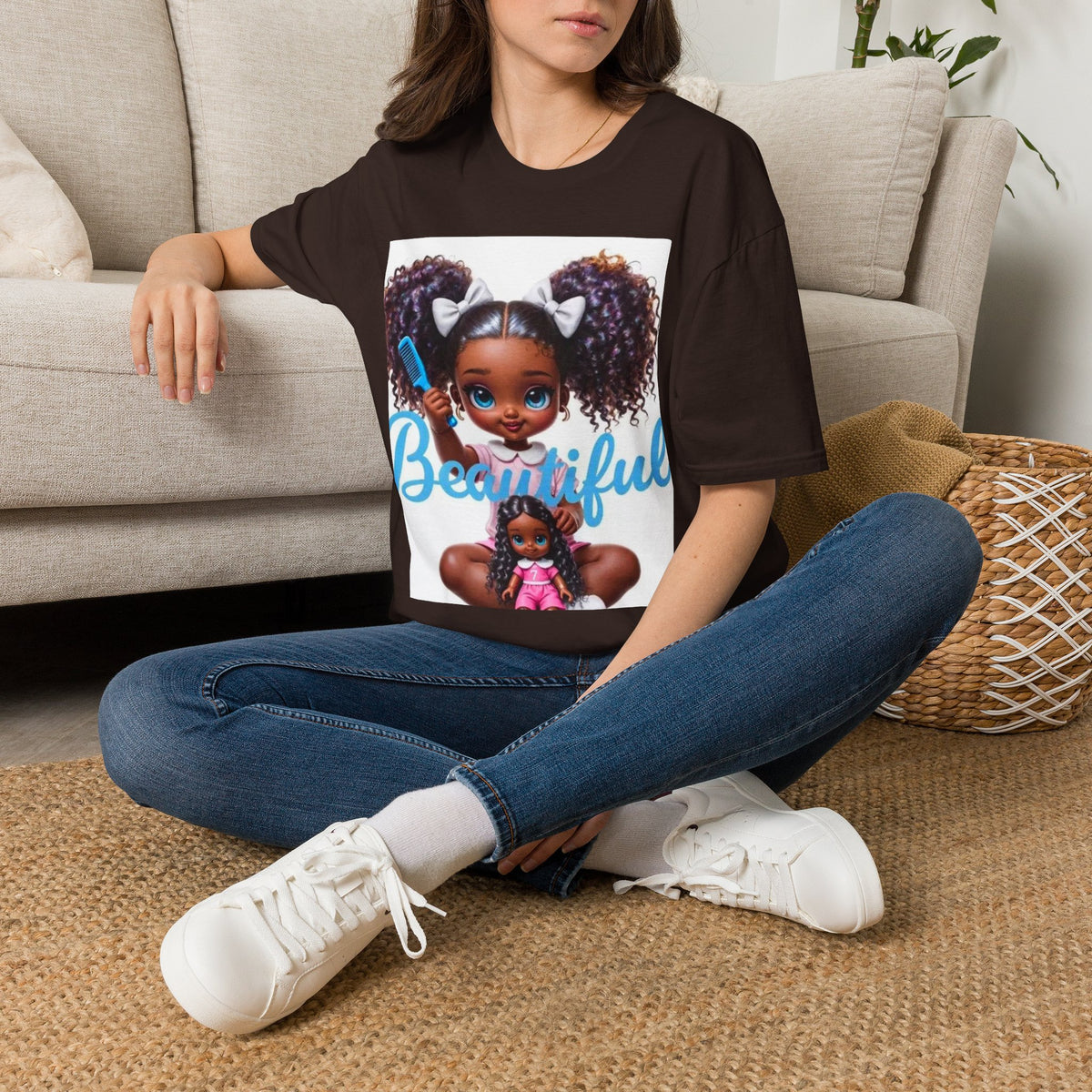 T-Shirt — "Beautiful" Cute Curly-Haired Doll Illustration Tee