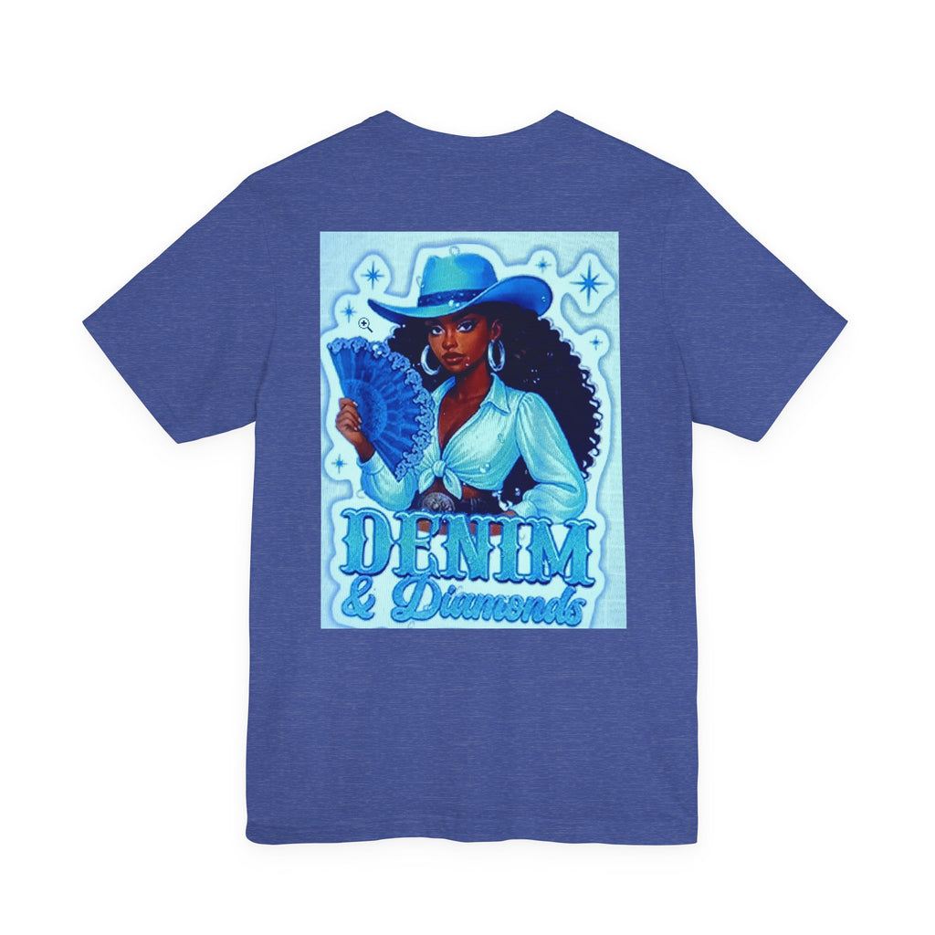 Denim & Diamonds Graphic T‑Shirt — Retro Blue Cowgirl Design