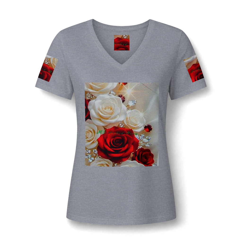 Women's V-Neck Tee — Red & White Rose Bouquet Graphic
