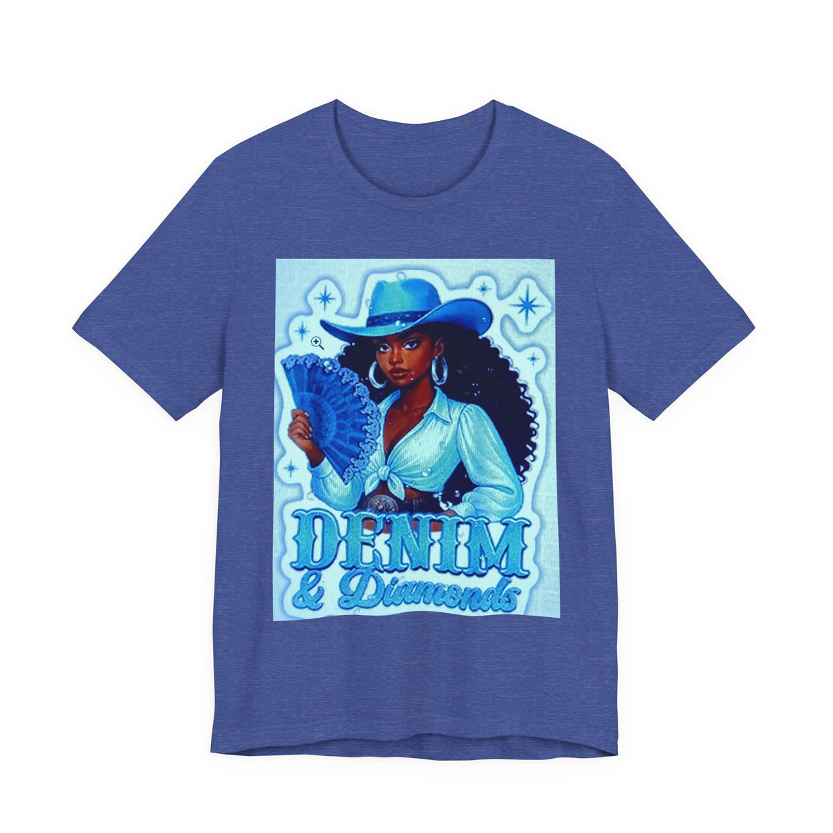 Denim & Diamonds Graphic T‑Shirt — Retro Blue Cowgirl Design