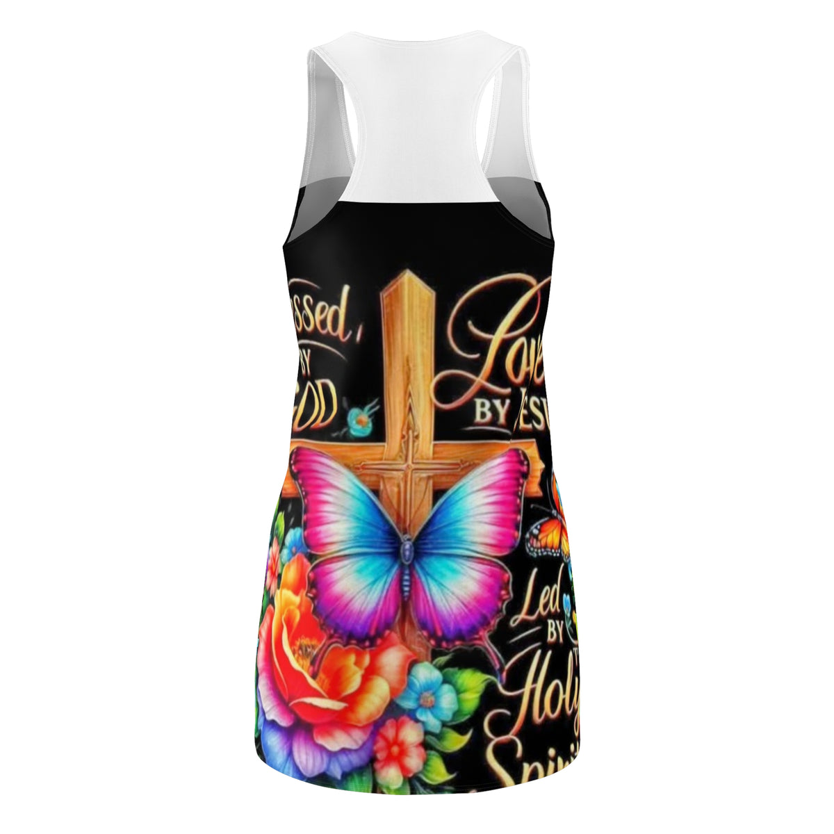 Racerback Dress — "Loved by Jesus, Led by the Holy Spirit" Colorful Butterfly Cross Floral