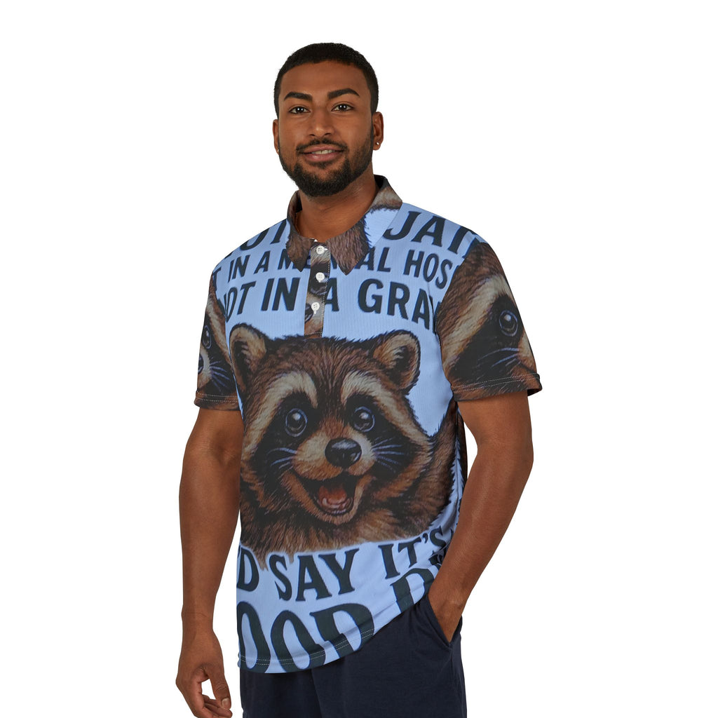 Raccoon Vintage Poster Polo — "I'd Say It's a Good Day" All-Over Print