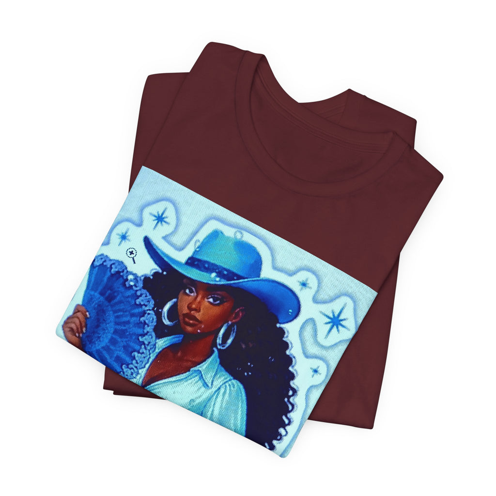 Denim & Diamonds Graphic T‑Shirt — Retro Blue Cowgirl Design