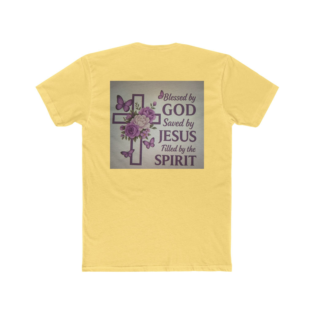 Christian Tee — "Blessed by God, Saved by Jesus, Filled by the Spirit" Floral Cross