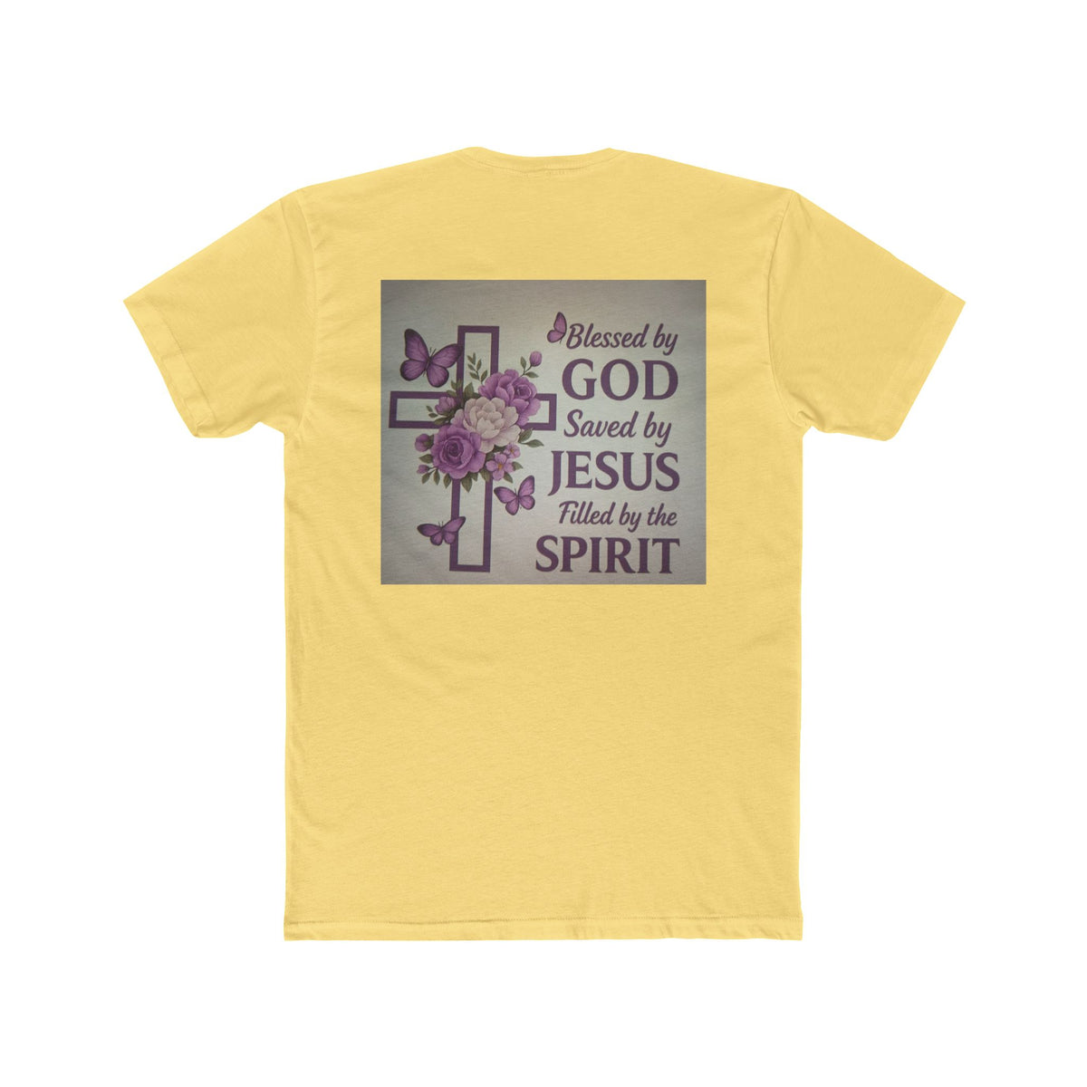 Christian Tee — "Blessed by God, Saved by Jesus, Filled by the Spirit" Floral Cross