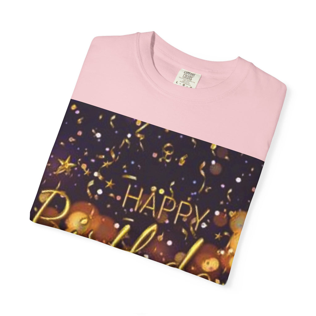 Birthday T-Shirt — Gold Confetti "Happy Birthday" Tee