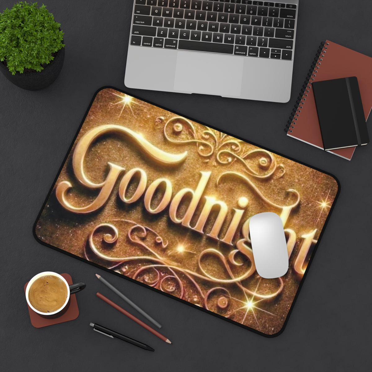 Goodnight Desk Mat — Decorative Gold Script Gaming/Office Desk Pad