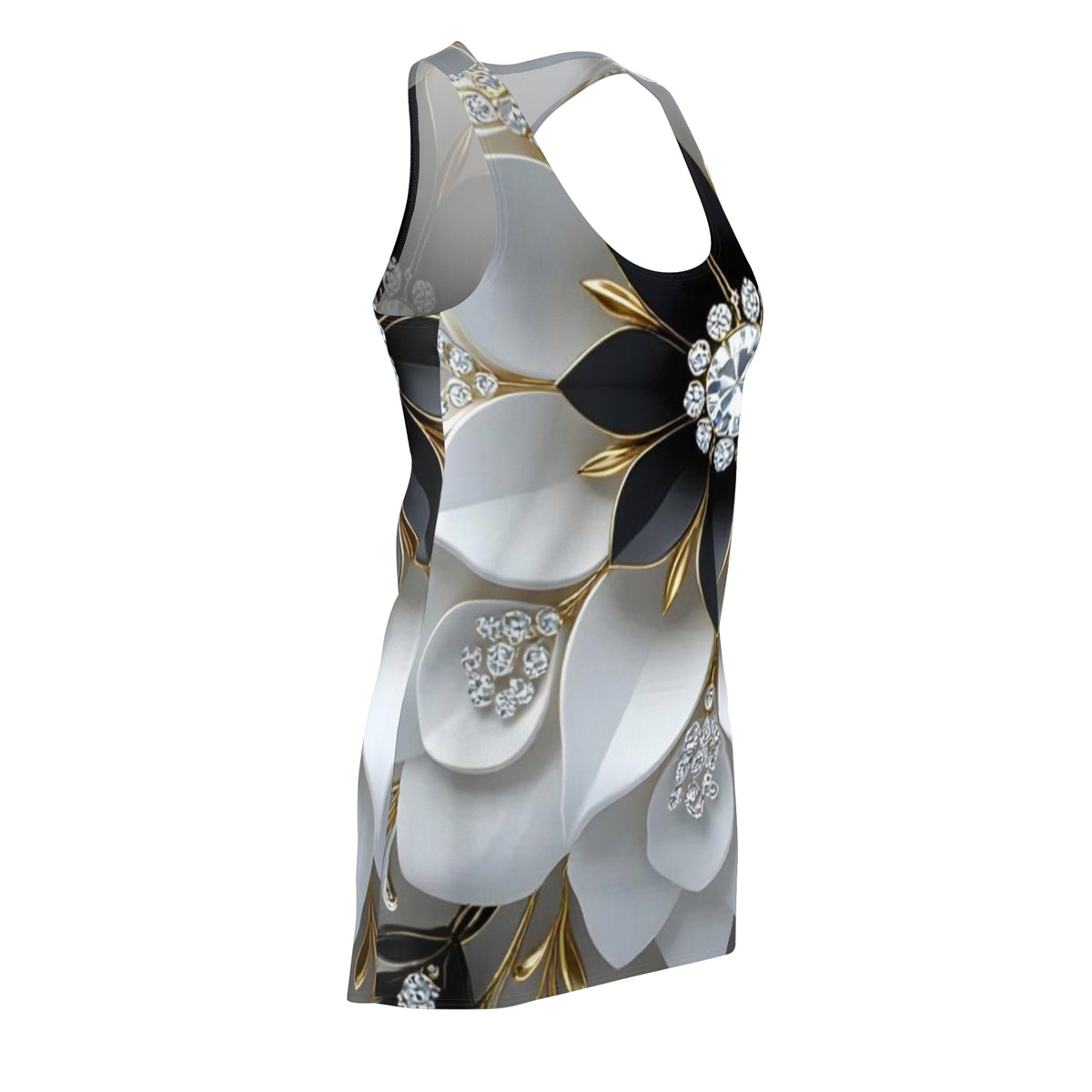 Floral Jewel Racerback Dress — Black, White & Gold Luxe Print