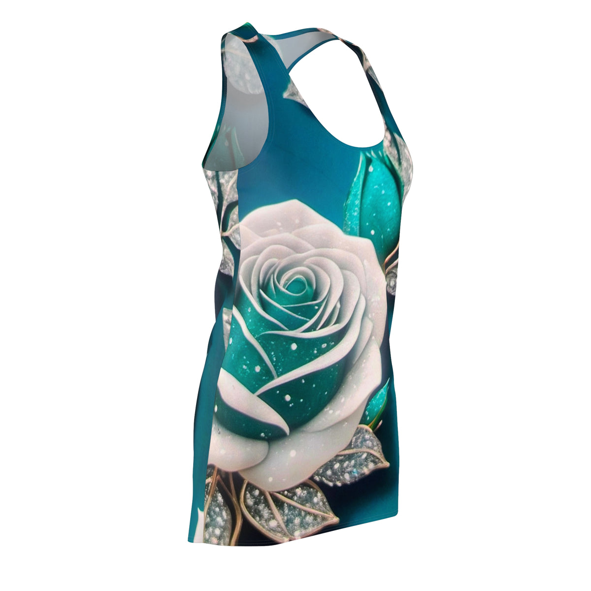 Racerback Dress — Teal & White Sparkling Rose All-Over Print
