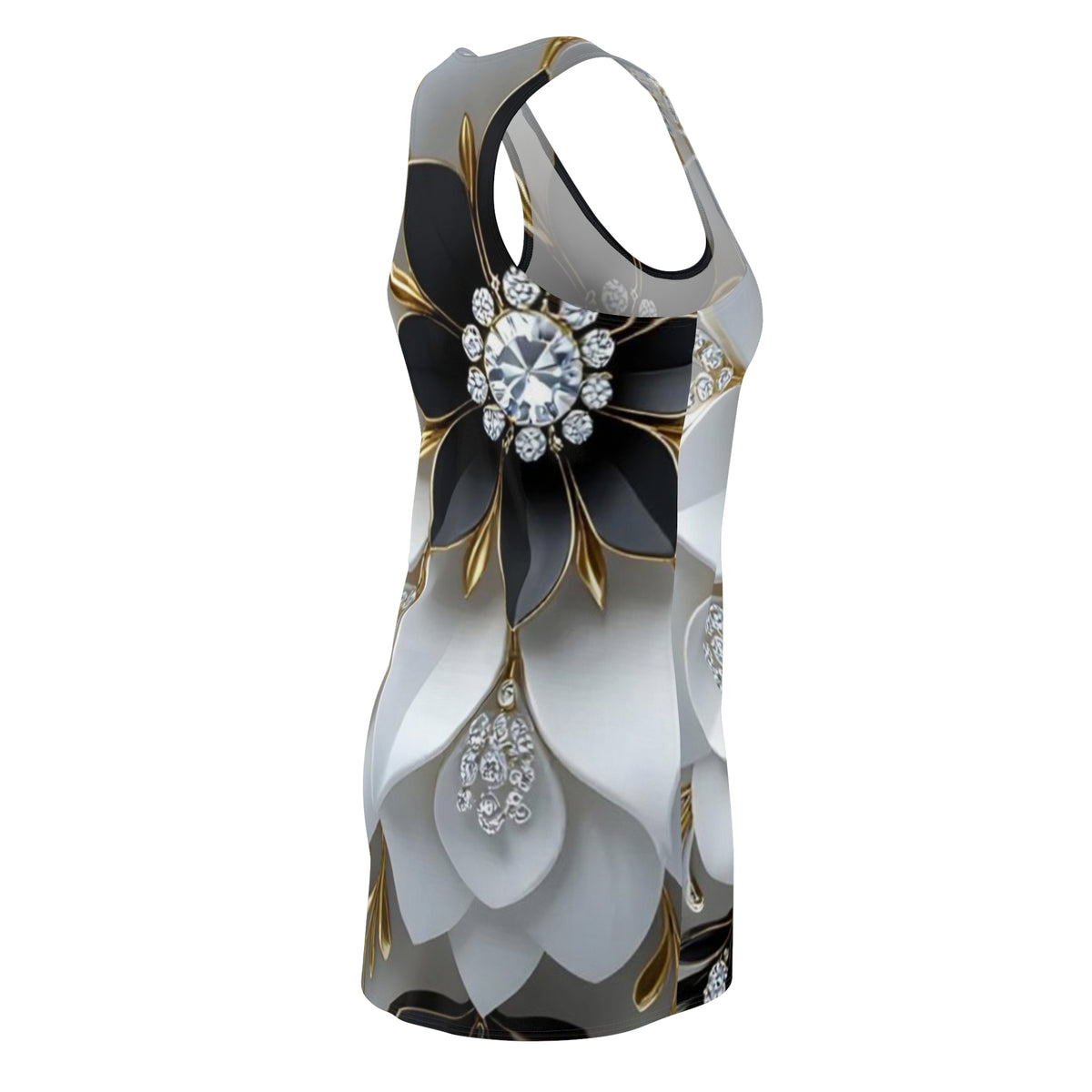 Floral Jewel Racerback Dress — Black, White & Gold Luxe Print