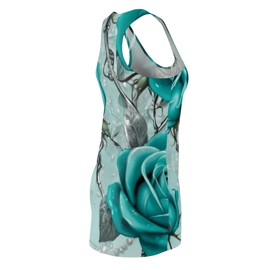 Teal Rose Racerback Dress – All-Over Print Floral Sundress