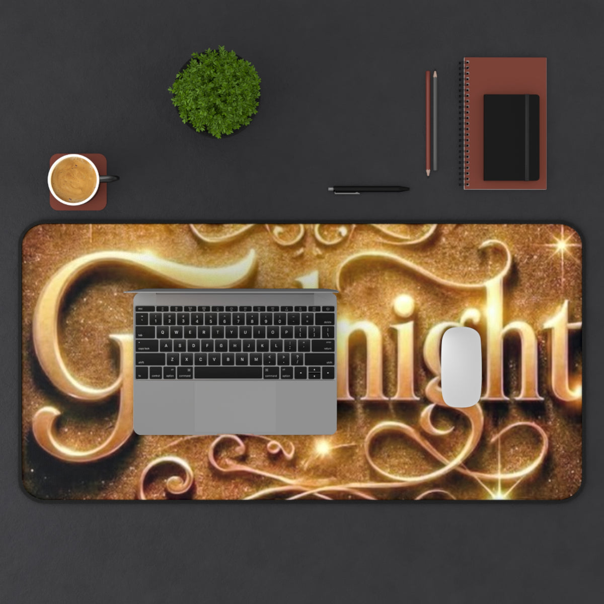 Goodnight Desk Mat — Decorative Gold Script Gaming/Office Desk Pad