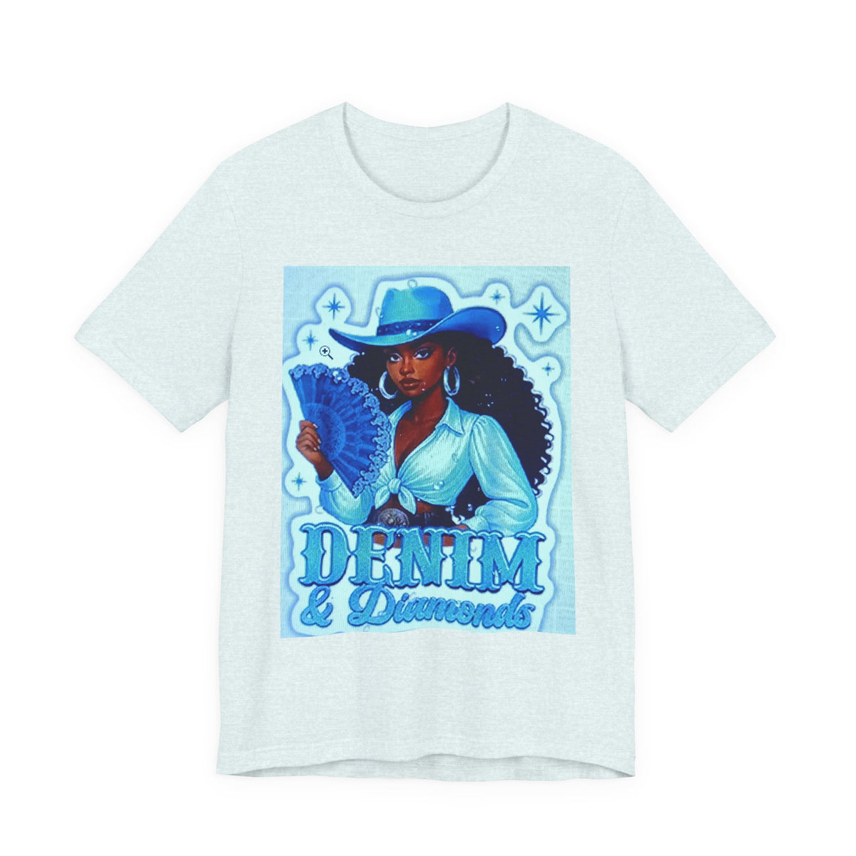 Denim & Diamonds Graphic T‑Shirt — Retro Blue Cowgirl Design