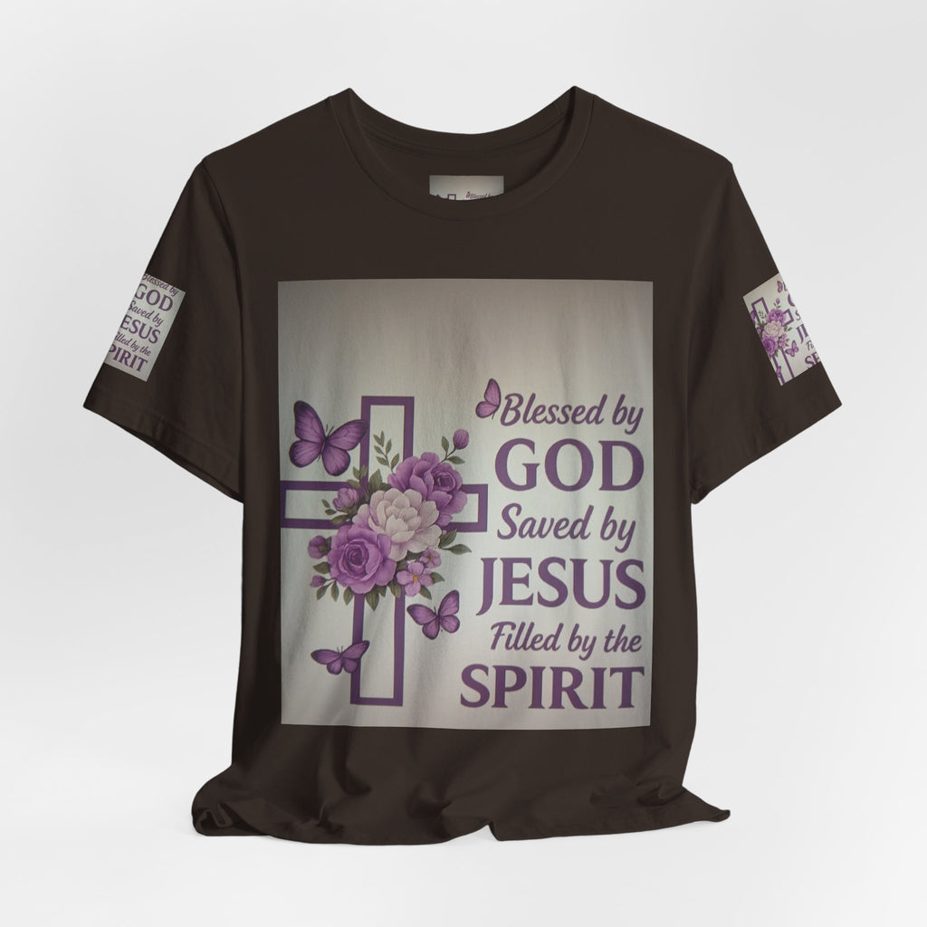 Blessed by God Christian T-Shirt — "Blessed by God, Saved by Jesus, Filled by the Spirit"
