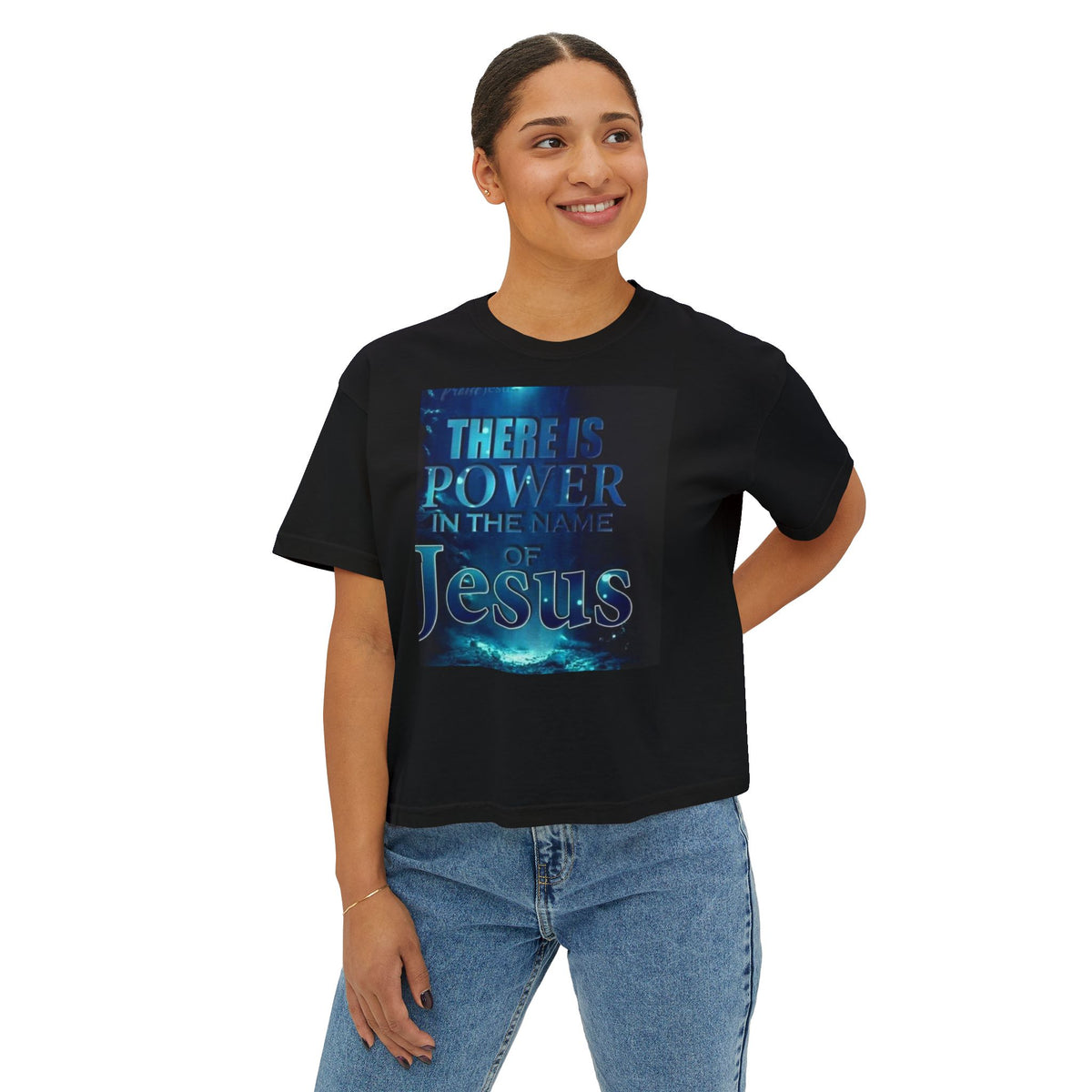 Christian Boxy Tee — "There Is Power in the Name of Jesus" Inspirational Women's Shirt