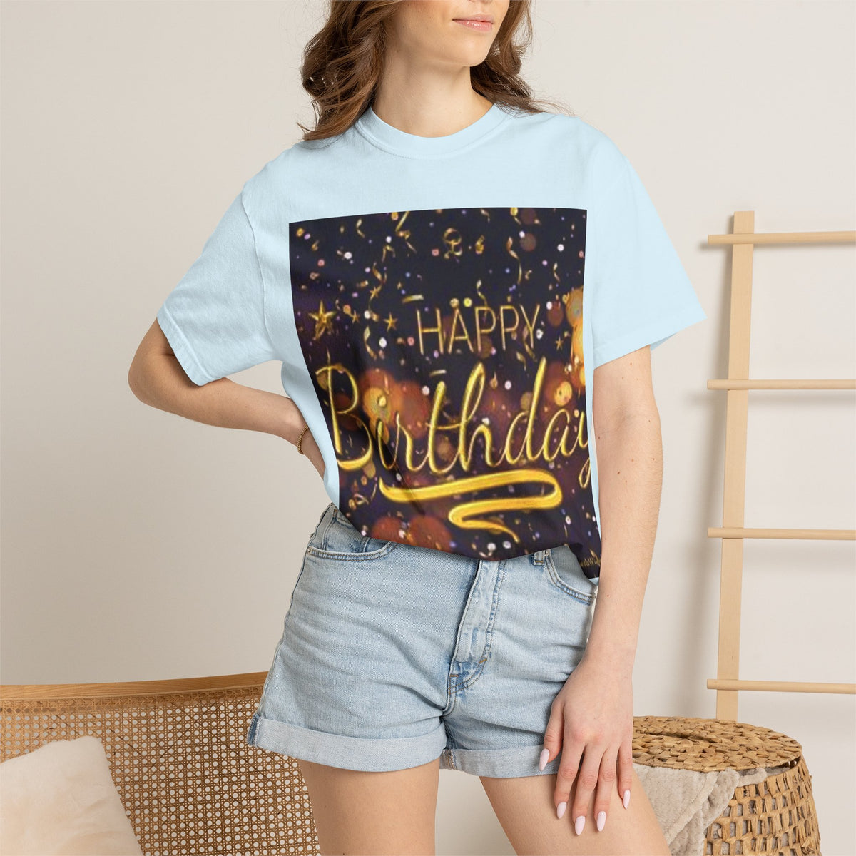 Birthday T-Shirt — Gold Confetti "Happy Birthday" Tee
