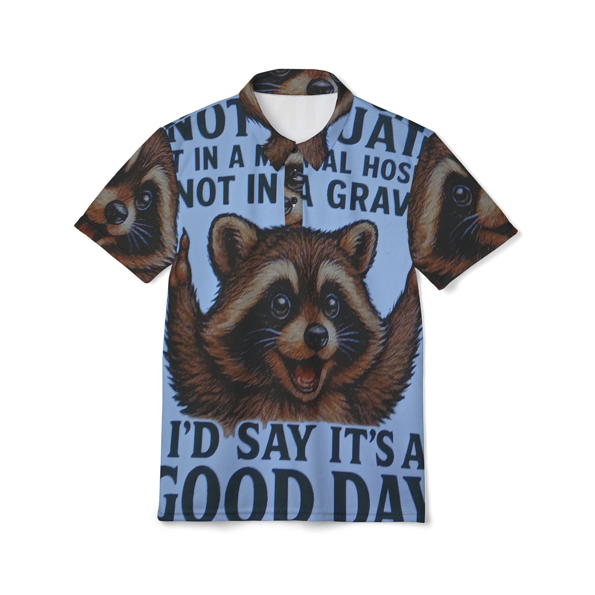 Raccoon Vintage Poster Polo — "I'd Say It's a Good Day" All-Over Print