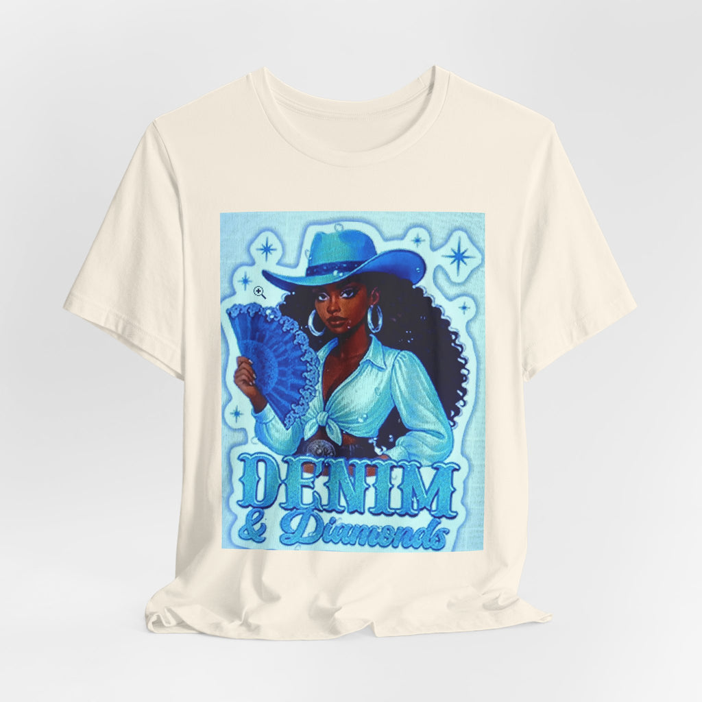 Denim & Diamonds Graphic T‑Shirt — Retro Blue Cowgirl Design