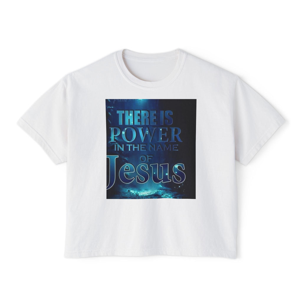 Christian Boxy Tee — "There Is Power in the Name of Jesus" Inspirational Women's Shirt