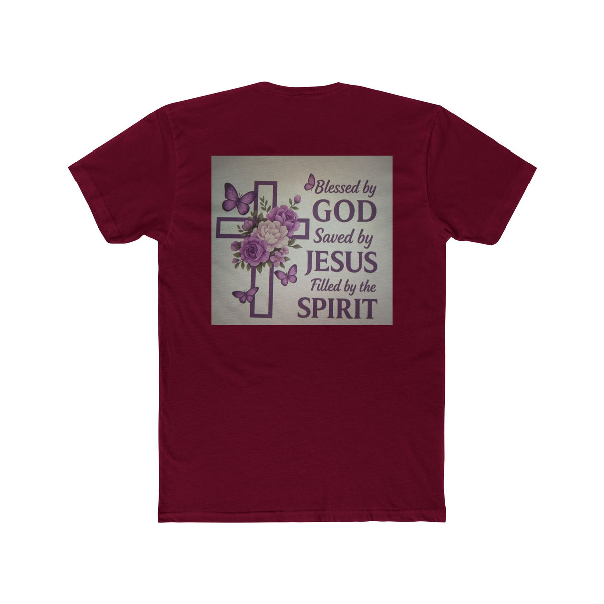 Christian Tee — "Blessed by God, Saved by Jesus, Filled by the Spirit" Floral Cross