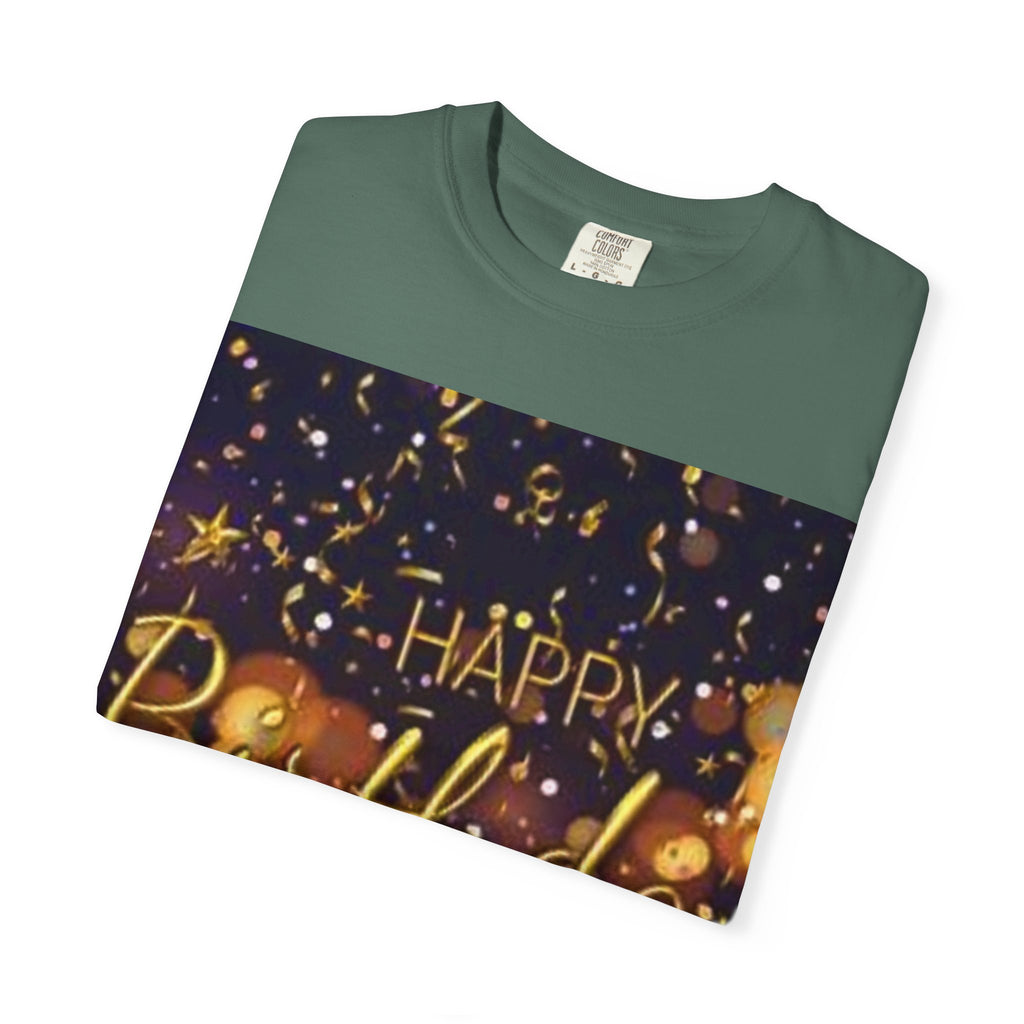 Birthday T-Shirt — Gold Confetti "Happy Birthday" Tee