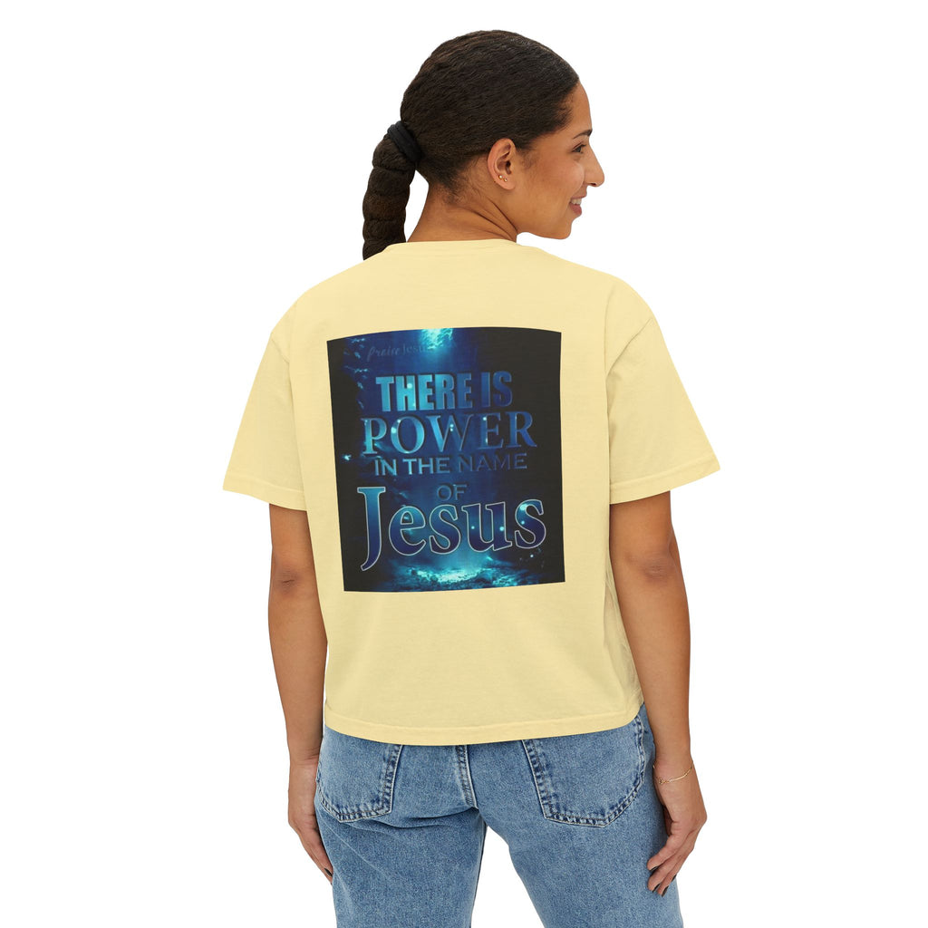 Christian Boxy Tee — "There Is Power in the Name of Jesus" Inspirational Women's Shirt