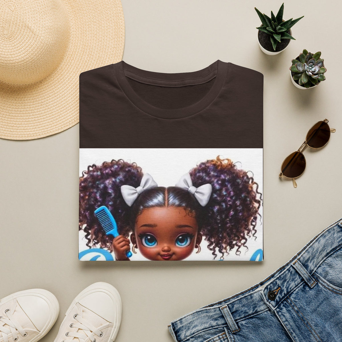T-Shirt — "Beautiful" Cute Curly-Haired Doll Illustration Tee