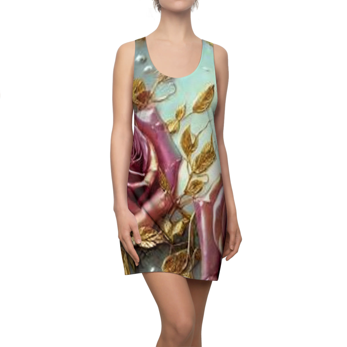 Floral Gold Leaves Racerback Dress – Vintage Pink Rose All-Over Print