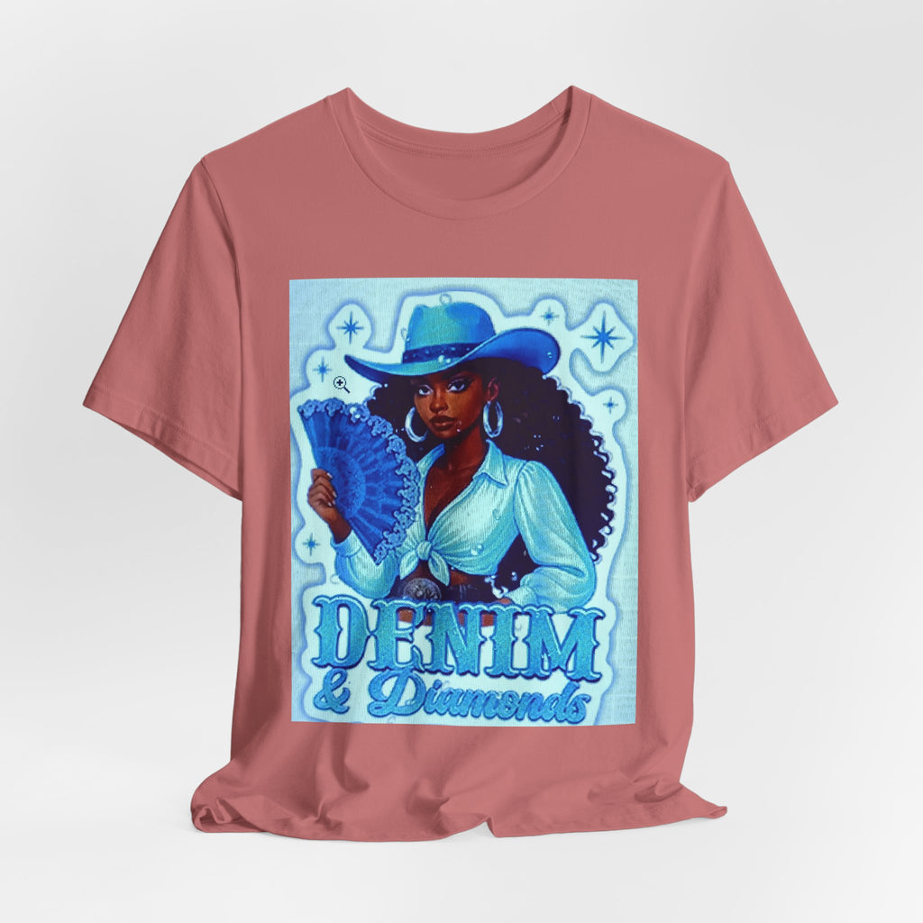 Denim & Diamonds Graphic T‑Shirt — Retro Blue Cowgirl Design
