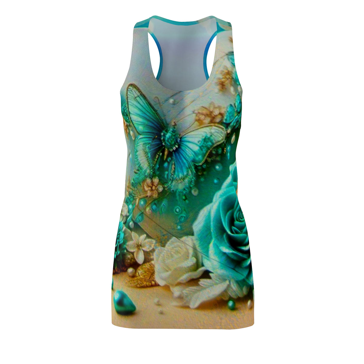 Butterfly Rose Racerback Dress — Teal Floral All-Over Print